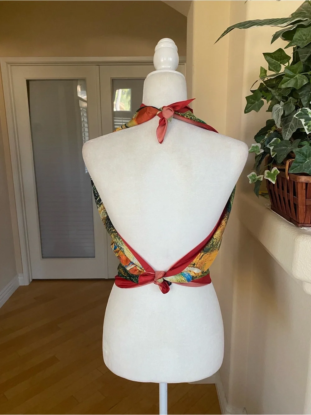 Silk Scarf Wrap Dress Top Abstract Multicolor with Red Trim